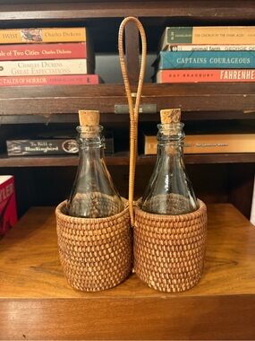 Vintage Woven Double Bottle Carrier with Cork-Top Glass Bottles Oil Vinegar
